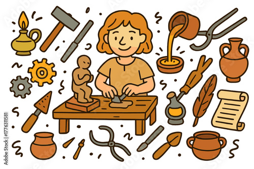 Ancient Craftsmanship Icons. Ancient craftsmanship. Colorful Hand-drawn doodle Children illustration Ancient craftsmanship artisan, workbench, hammer, chisel,