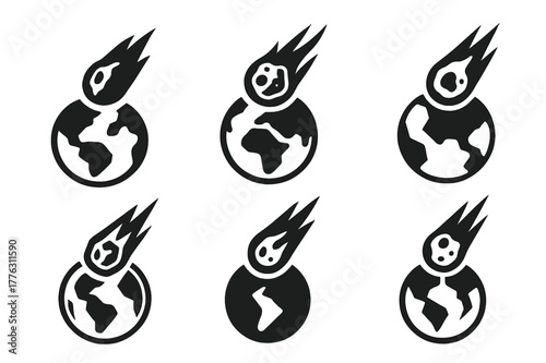 Asteroid Impact Logos. Asteroids and meteor impacts on Earth. Set Logo of asteroids and meteor impacts on Earth: meteorite fragment specimen. Icon set.