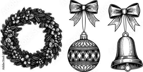 Vintage engraved christmas symbols set featuring wreath, ornament, and bell silhouette for holiday design

