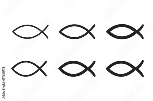 Ichthys Logo Variations. Christian denominations and their beliefs. Set Logo of Ichthys: Christian fish symbol. Icon set. harmonious logo variations of the