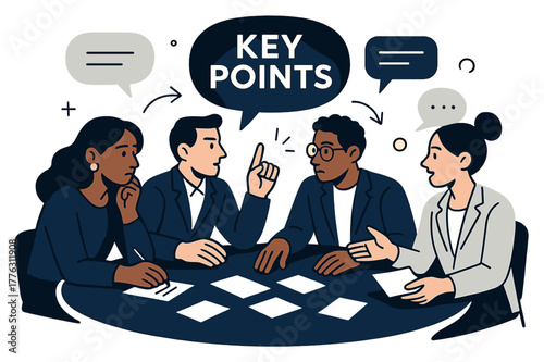 Strategic Debate Planning. Debate preparation. Advisors sitting at a round table with cue cards and speech bubbles floating above; ?Key Points? glowing softly.