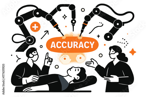 Robotic Surgery Precision. Healthcare Tech ? Robotics in Surgery. Robotic arms extend delicately over a stylized patient; soft circles mark precision points.