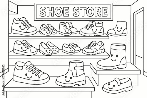 Children's Shoe Coloring. Shoe store children?s coloring book illustration, outlined drawing, cartoon shop