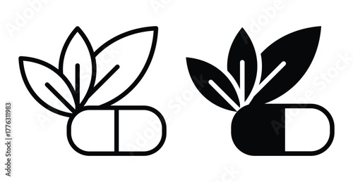 Nature and Health Symbols with Leaf and Pill Icon Illustrations