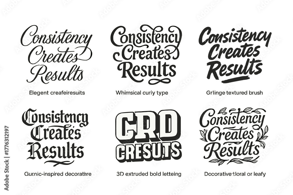 Fototapeta premium Artistic Lettering Variations. Consistency Creates Results. Set lettering. harmonious lettering variations of the same emblematic concept, each with different
