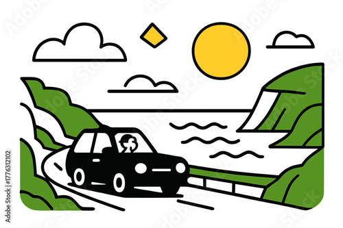 Adventure on Coastal Highway. Scenic highway. Wide view of car traveling along cliffs with the ocean