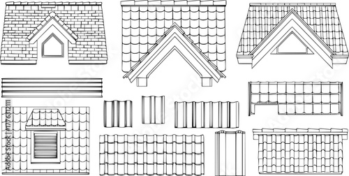 Black Roof Set with Gable Roof Shingles and Tiles for Construction and Architecture Design
