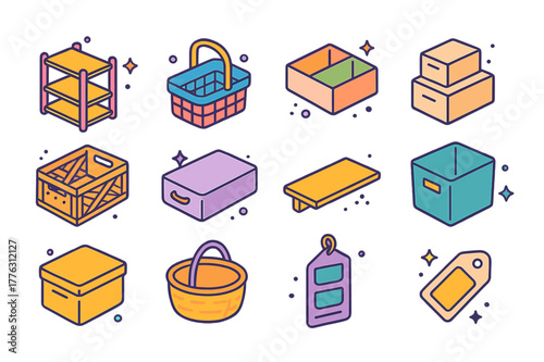 Minimalist Storage Icons. Minimalist storage solutions. Colorful isometric vector icons set of Minimalist storage solutions: open shelving, storage basket,