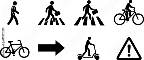 Pedestrian and cycling silhouette icon set. featuring walking, crosswalk, bicycle, scooter, direction, warning symbols
