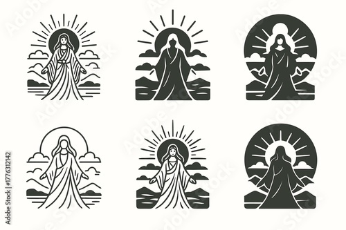 Ancient Deity Logos. Ancient gods and goddesses in a mystical landscape. Set Logo of Ancient gods and goddesses in a mystical landscape: Amaterasu rising sun.