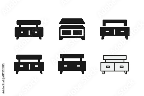 Harmonious TV Stand Logos. A TV stand with storage for electronics and media. Set Logo of A TV stand with storage for electronics and media: console with