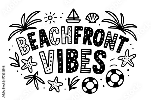 Beachfront Vibes Design. Beachfront Vibes ? playful decorative display lettering; patterned letters (dots/stripes/stars), gently arched word-shape; framed with