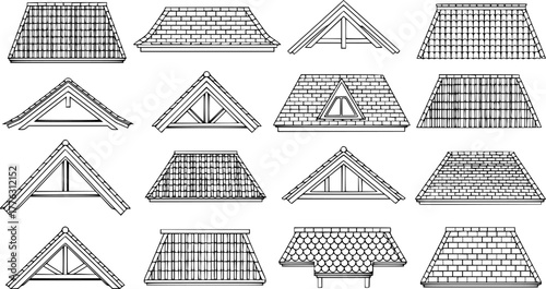 Black Roof Set with Gable Roof Shingles and Tiles for Construction and Architecture Design
