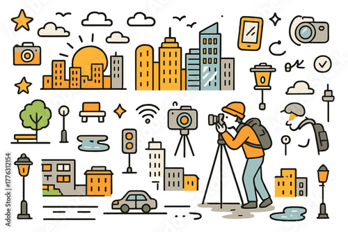 Doodle Urban Sunset. Urban sunset photography. Hand-drawn doodle illustration city skyline (colored), setting sun (colored), skyscrapers (colored), street