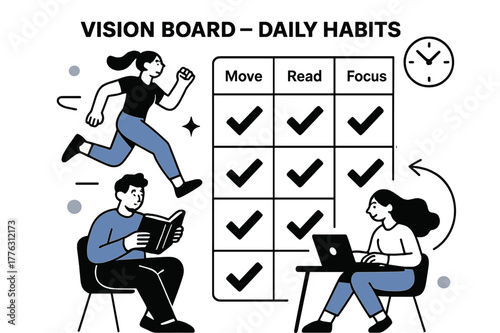 Habit Tracker Artistry. Vision Board ? Daily Habits. A neat habit grid with checkmarks gliding across; labels ?Move, Read, Focus?. A minimal clock and arrow
