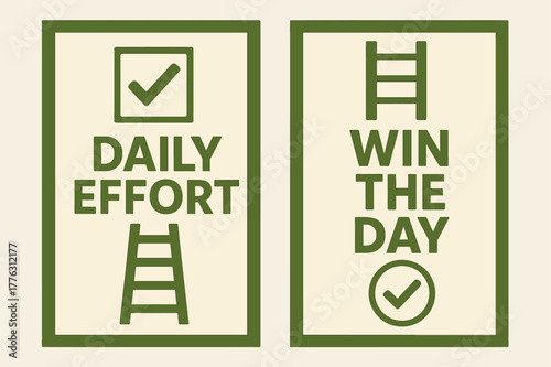 Geometric Motivational Banners. Daily effort. Two vertical A6 banners with safe margins, centered composition, no elements touching edges, geometric, olive