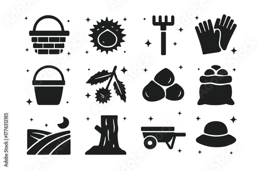 Chestnut Harvest Icons. Chestnut Harvest. Solid icons set of Chestnut Harvest: basket, chestnut burr, rake, gloves, bucket, branch, nuts pile, burlap sack,