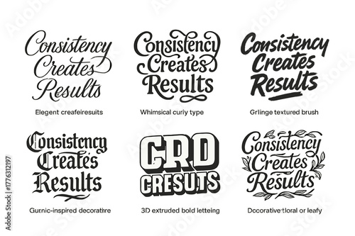 Artistic Lettering Variations. Consistency Creates Results. Set lettering. harmonious lettering variations of the same emblematic concept, each with different