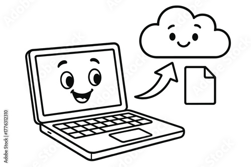 Cloud Upload Coloring. Uploading to the cloud children?s coloring book illustration, outlined drawing, a cheerful laptop sending a file with an arrow toward a