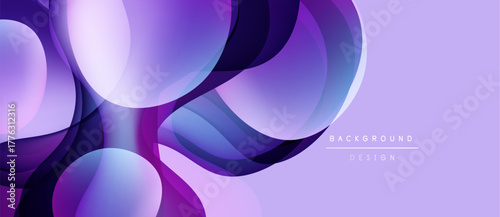 Abstract purple flowing shapes create dynamic background. Soft gradients, smooth curves, modern design elements present.