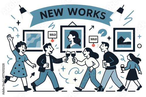 Vibrant Art Gallery Night. Gallery opening night. Spotlights bloom over framed pieces while guests clink glasses; ?New works? ribbon greets at the door. Red