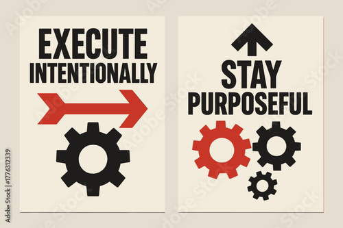 Bold Purposeful Message. Execute intentionally. Two vertical A6 banners with safe margins, centered composition, no elements touching edges, brutalist, black