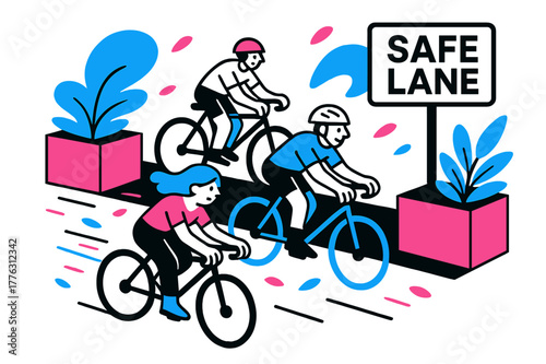 Colorful Bike Lane Design. Green infrastructure ? Protected bike lanes with planters. Riders glide between box planters; petals and speed lines scatter like