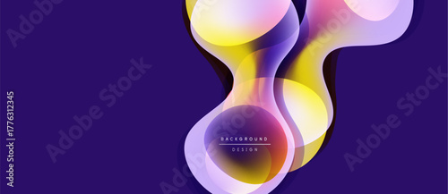 Abstract fluid shapes overlap, creating vibrant color gradients. Purple background enhances dynamic composition. Modern design element.