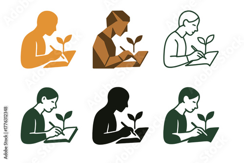 Growth Journaling Logos. A person journaling their thoughts and reflections for personal growth. Set Logo of A person journaling their thoughts and reflections