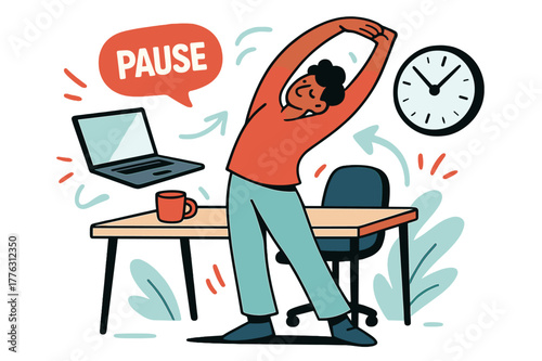 Dynamic Stretch Break. Office stretch break. Person standing beside desk, reaching arms overhead; floating laptop, clock, and ?pause? bubble emphasize balance.