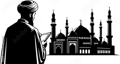 Islamic Scholar Silhouette: A strong silhouette of a man in traditional Islamic attire stands before a mosque, symbolizing faith, wisdom, and cultural heritage.