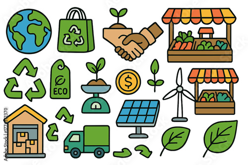 Sustainable Trade Doodles. trade in sustainable and ethical products. Colorful Hand-drawn doodle Children illustration trade in sustainable and ethical