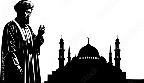 Islamic Scholar Silhouette: A strong silhouette of a man in traditional Islamic attire stands before a mosque, symbolizing faith, wisdom, and cultural heritage.