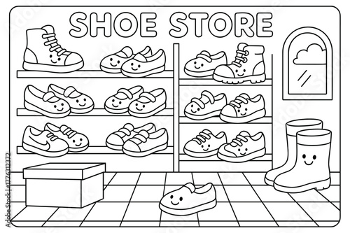 Smiling Shoes Shop. Shoe store children?s coloring book illustration, outlined drawing, cartoon shop with
