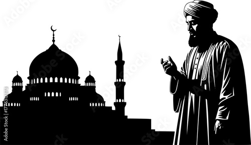 Islamic Scholar Silhouette: A strong silhouette of a man in traditional Islamic attire stands before a mosque, symbolizing faith, wisdom, and cultural heritage.