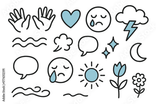 Emotional Expression Icons. // Emotional expression. Hand-drawn doodle illustration Emotional expression [hands (accented), heart (accented), face with tears