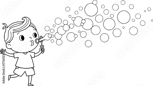 Bubbles of Childhood: A whimsical illustration captures a delightful moment as a child joyfully blows bubbles, filling the air with playful and carefree glee