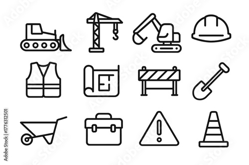 Construction Icon Set. Construction site. Line icon set of construction site: bulldozer, crane, excavator, safety helmet, vest, blueprint, barrier, shovel,