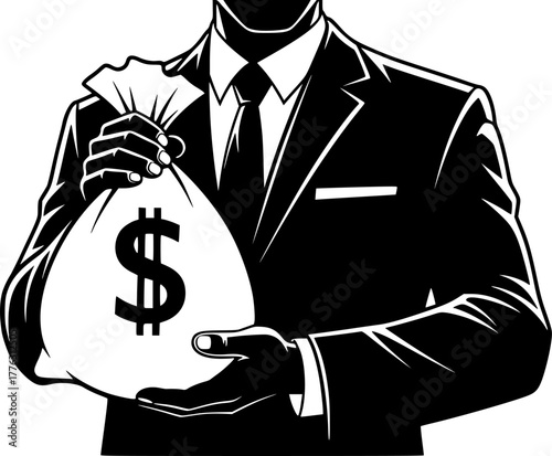 Financial Power Silhouette: A bold, stylized illustration of a well-dressed figure, exuding financial authority as they hold a bulging money bag emblazoned with a dollar sign.