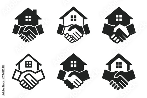 Diverse Real Estate Logos. Real estate and property listings. Set Logo of real estate and property listings: broker handshake by house. Icon set. harmonious
