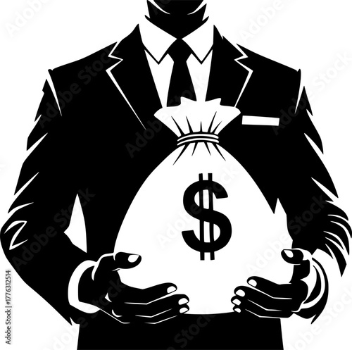 Financial Power Silhouette: A bold, stylized illustration of a well-dressed figure, exuding financial authority as they hold a bulging money bag emblazoned with a dollar sign.