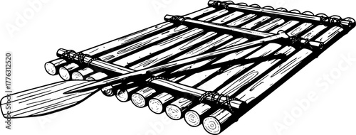 Raft and Paddle on Water: A minimalist illustration of a sturdy raft, ready to navigate the water, with a paddle resting on the surface. Embodying adventure and exploration.