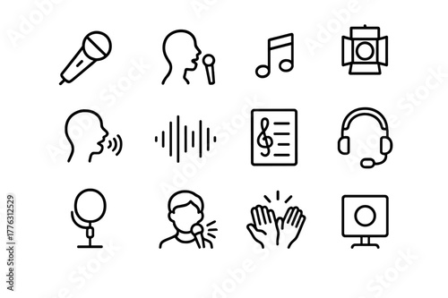 Vocal Performance Icons. Vocal Performance. Line icon set of Vocal Performance: microphone, singer silhouette, music notes, stage light, vocal warmup, sound