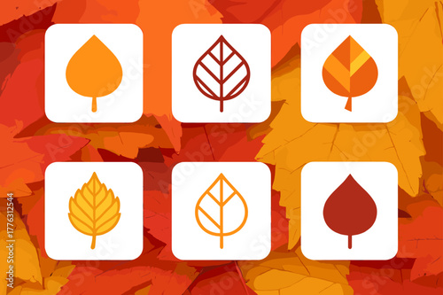 Autumn Leaf Logos. A close-up of colorful autumn leaves, showing rich shades of red, orange, and yellow. Set Logo of Autumn leaves: birch leaf outline. Icon