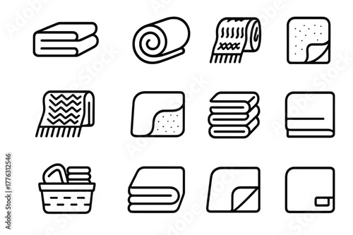 Blanket Icon Collection. Blankets. Line icon set of Blankets: folded blanket, rolled blanket, plaid pattern, knitted throw, fleece fabric, tassel edge, basket