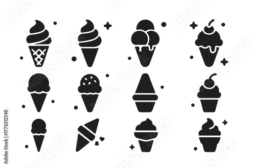 Ice Cream Icon Set. Ice cream cones. Solid icons set of ice cream cones: waffle cone, soft serve swirl, double scoop, melting cone, chocolate dipped cone,
