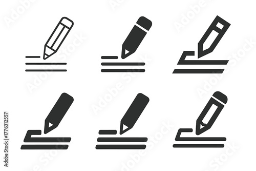 Handwriting Logo Variations. Handwriting practice worksheet. Set Logo of Handwriting practice worksheet: pencil writing on lined paper. Icon set. harmonious