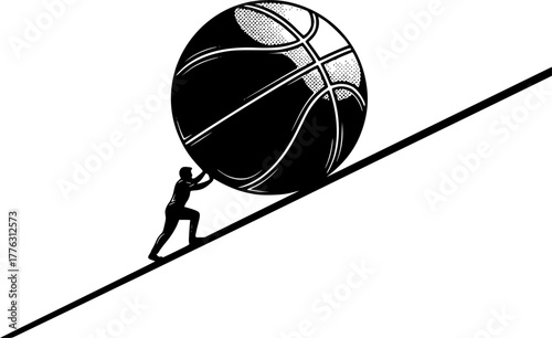 Uphill Struggle: Depicts an individual pushing a massive basketball uphill, symbolizing determination, challenges, and the relentless pursuit of goals.
