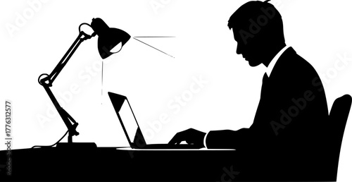 Focused in the office: A silhouette of a professional is working diligently, seated at a desk illuminated by a desk lamp, with a laptop symbolizing modern business, dedication, and focus.