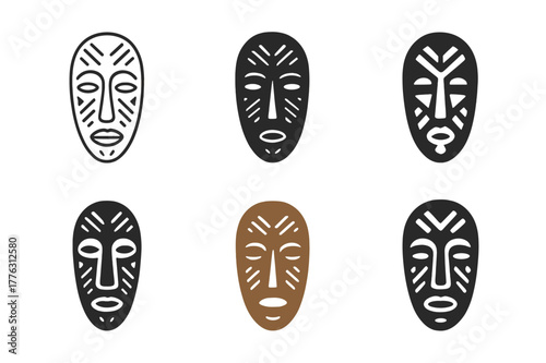 Tribal Masks Logo Set. ceremonial masks. Set Logo of ceremonial masks: carved wooden tribal mask with scarification patterns. Icon set. harmonious logo
